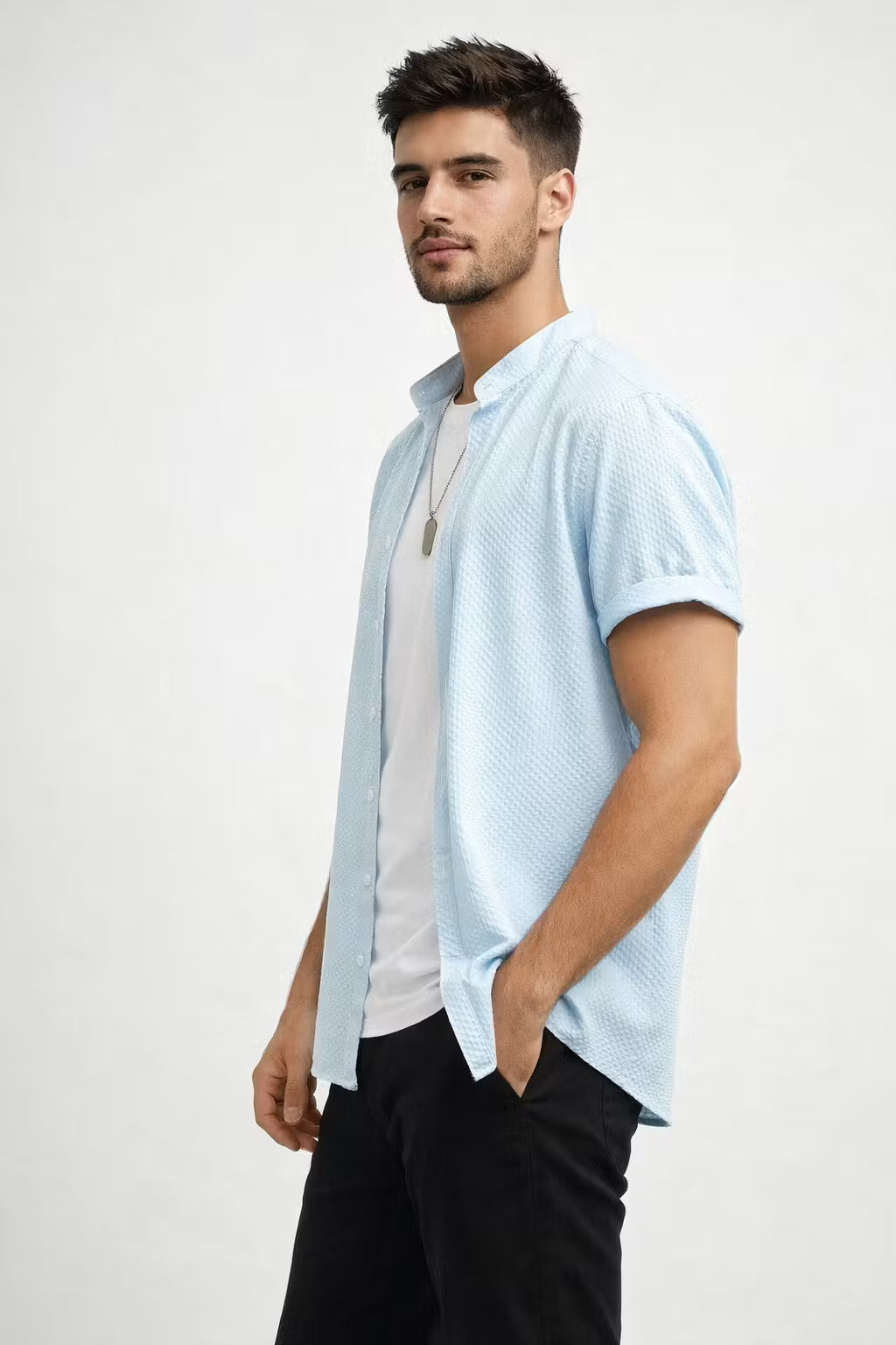 Textured Waffle Stand Collar Short Sleeve Shirt