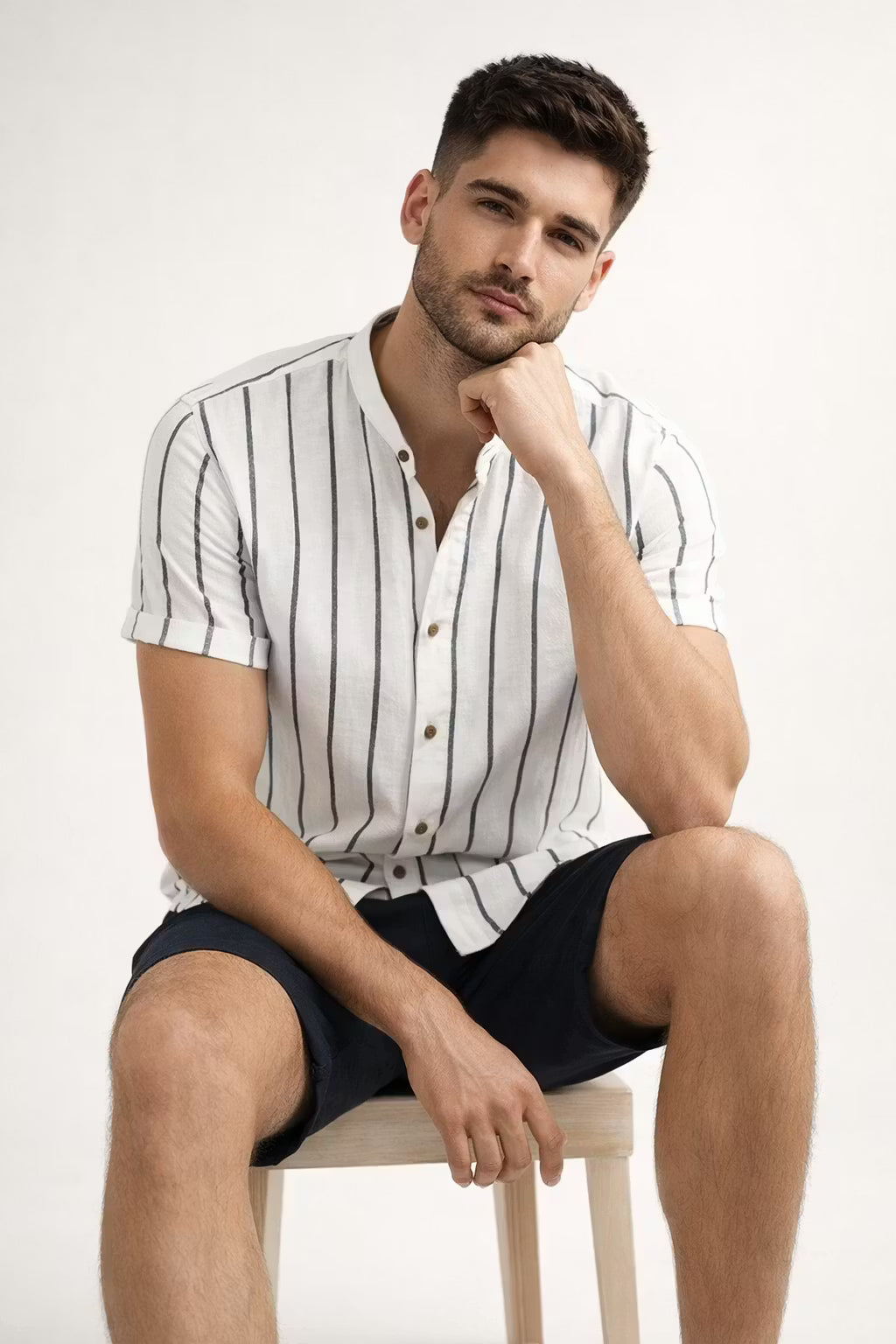 Vertical Stripe Stand Collar Short Sleeve Shirt - Set Option