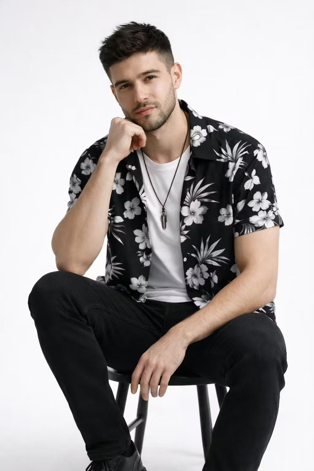 Monochrome Floral Print Short Sleeve Button Shirt