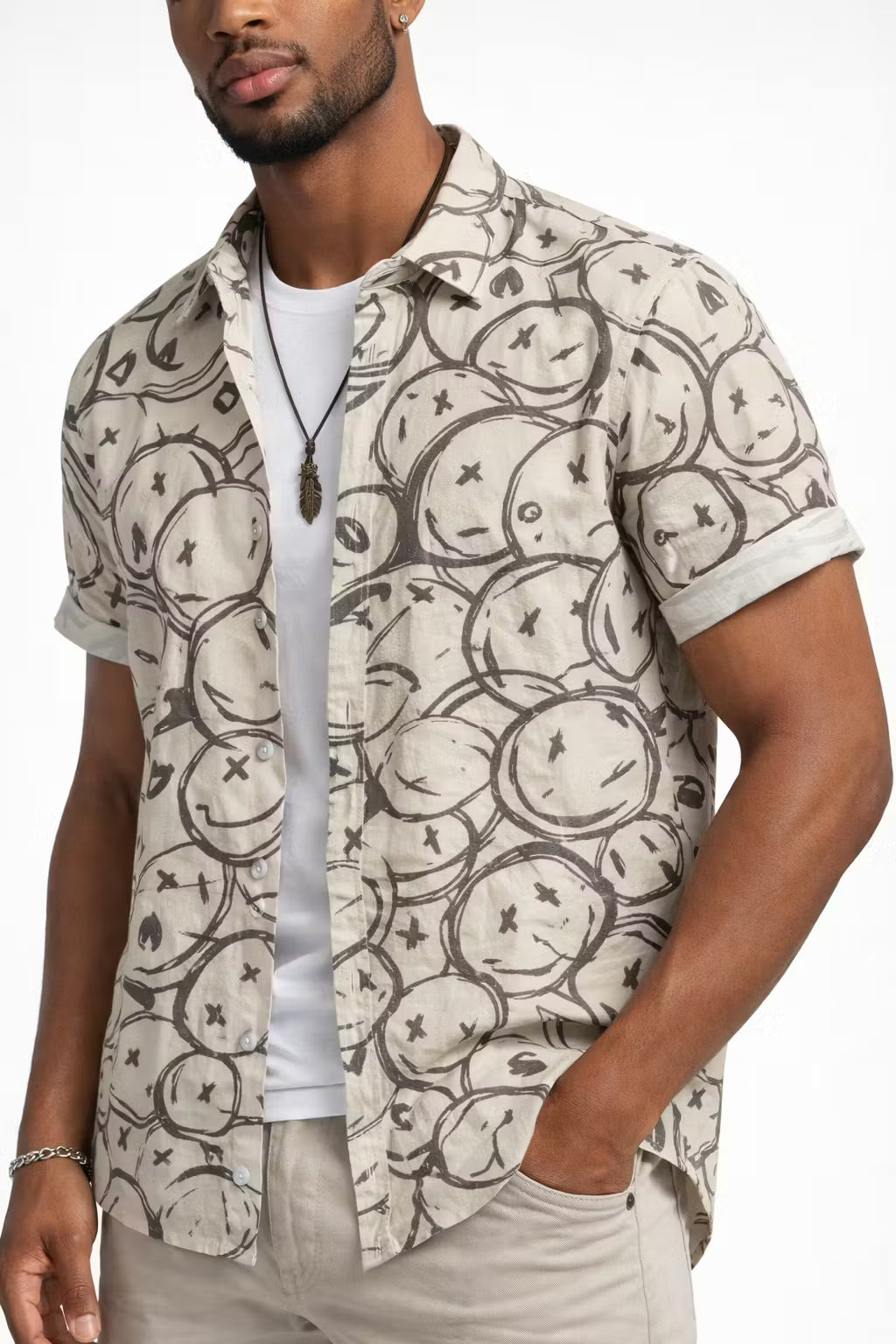 Graphic Smiley Print Short Sleeve Button Shirt