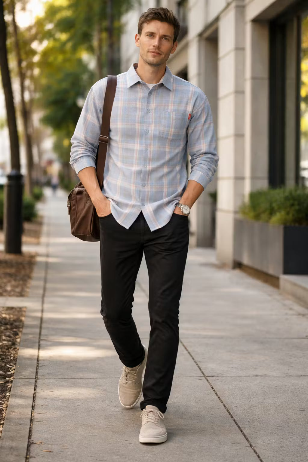 Men’s Light Plaid Long Sleeve Button Up