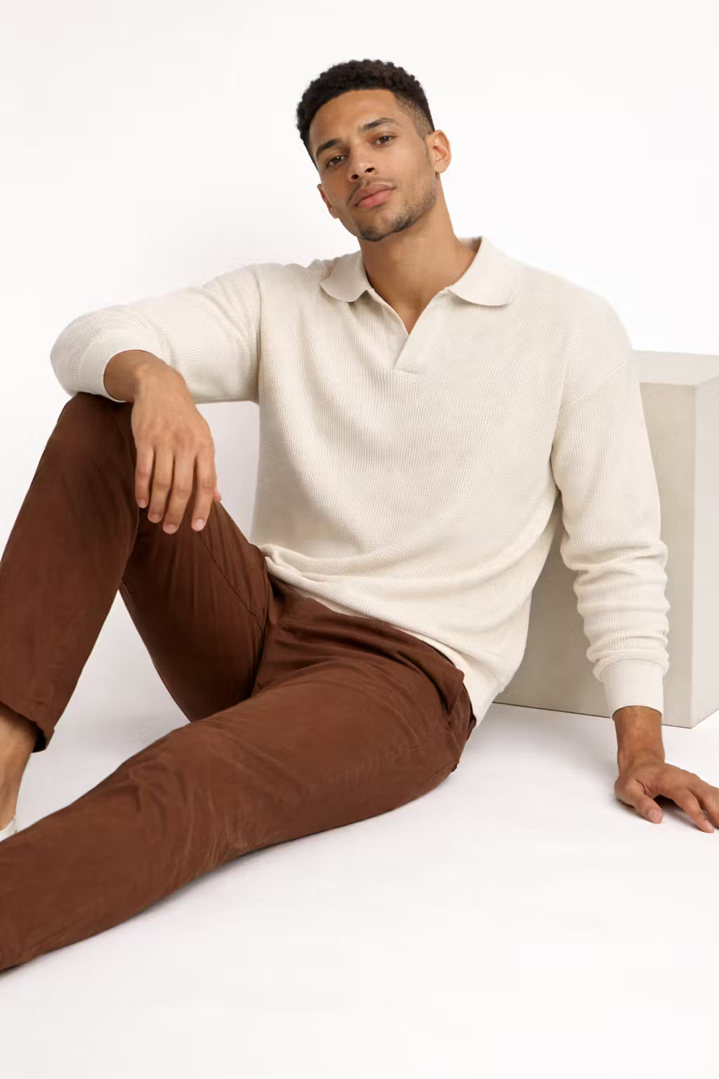 Textured Waffle Knit Johnny Collar Polo Sweater