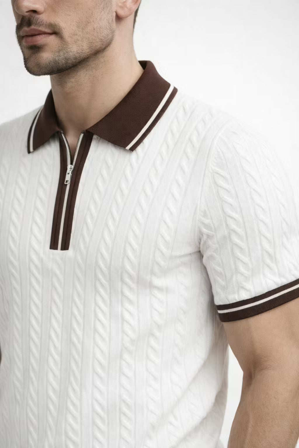 Textured Knit Zip Collar Polo Shirt