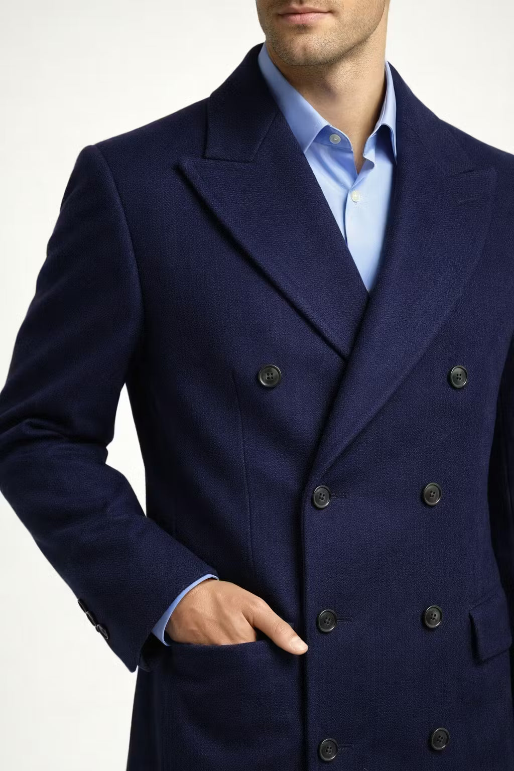 Men’s Navy Long Length Coat With Button Front Notched Collar
