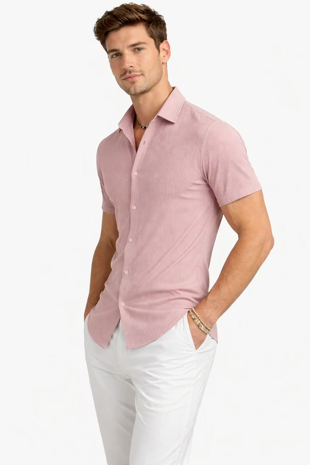 Vertical Textured Short Sleeve Button Shirt
