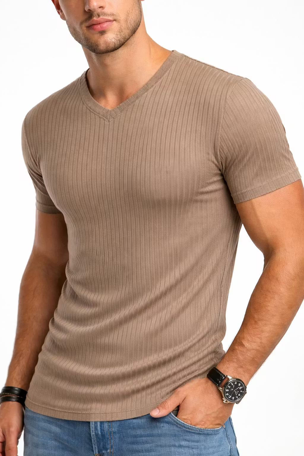 Ribbed Knit V-Neck T-Shirt