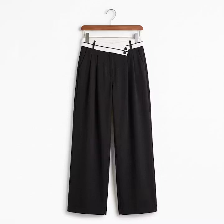 Vesper broek met contrasterende tailleband en wijde pijpen