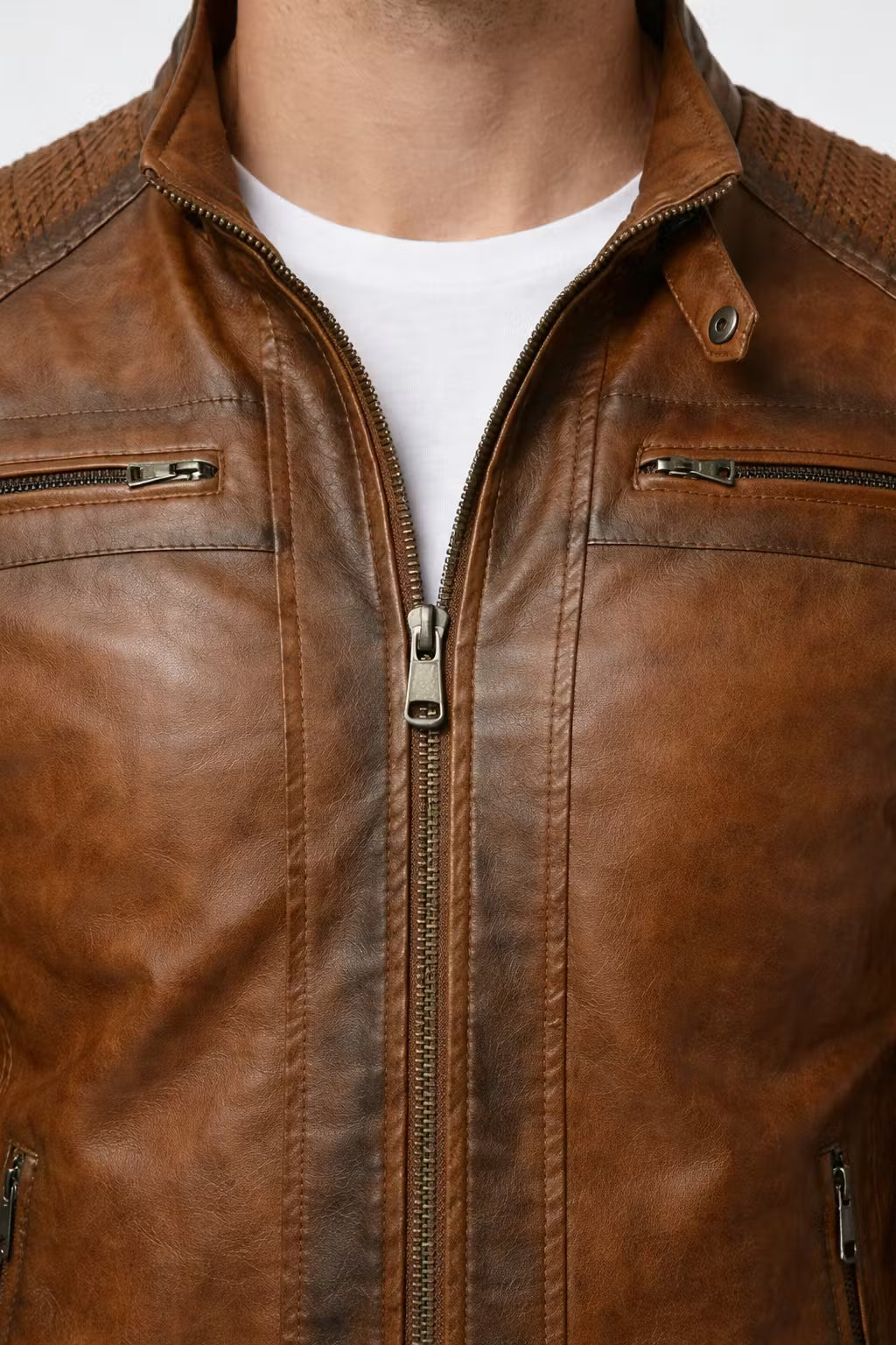 Men’s Brown Coated Textile Zip Jacket with Structured Seam Detailing High Collar