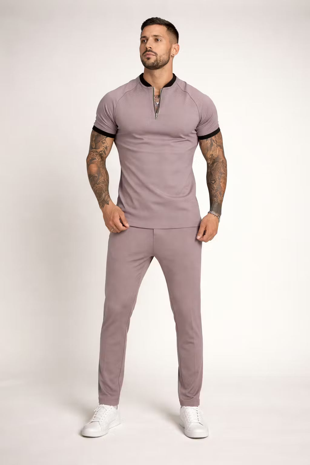 Zip Collar Short Sleeve Top and Slim Trousers Set