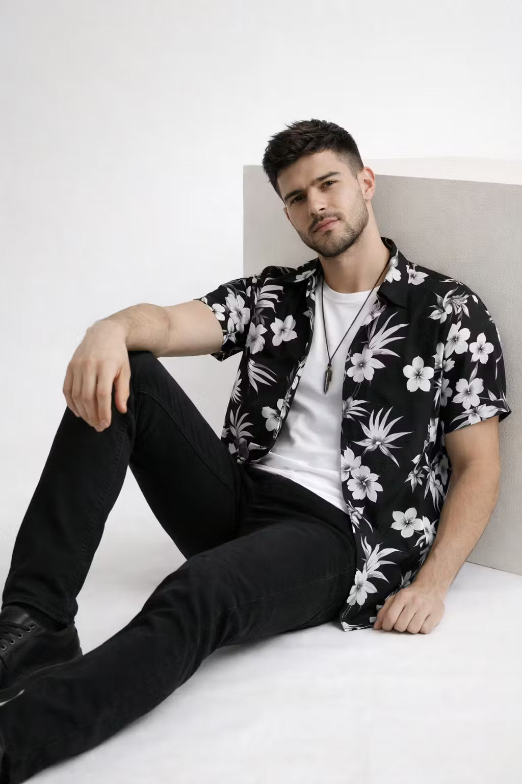 Monochrome Floral Print Short Sleeve Button Shirt