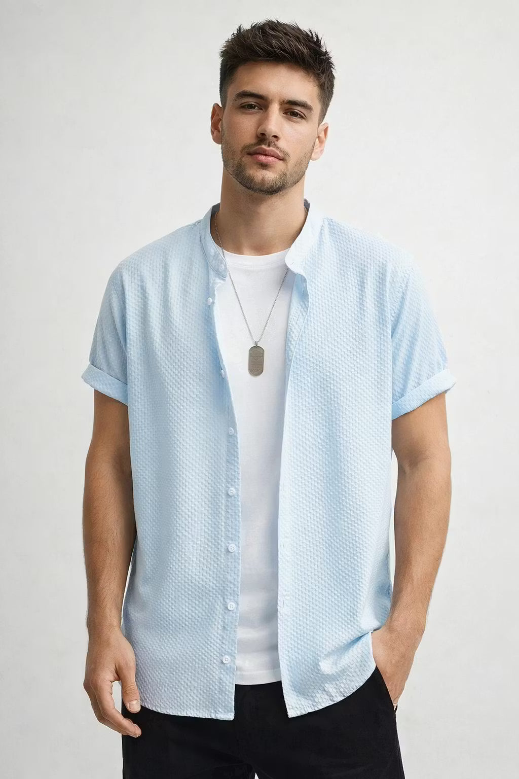 Textured Waffle Stand Collar Short Sleeve Shirt