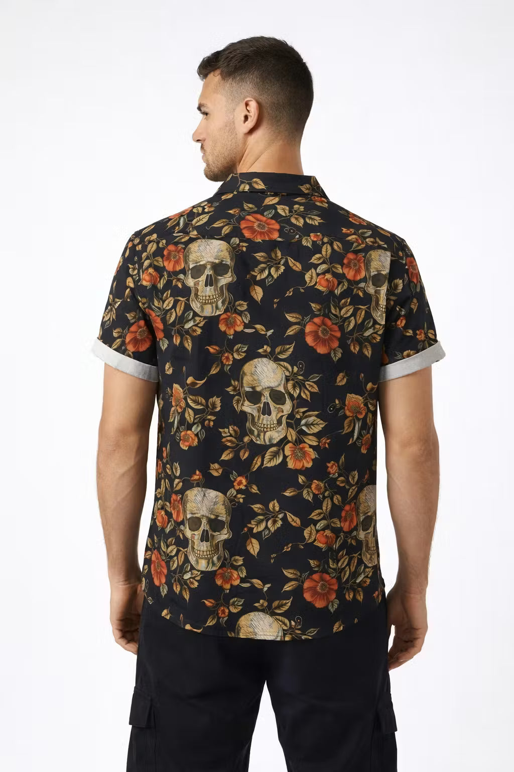 Floral Skull Print Short Sleeve Button Shirt