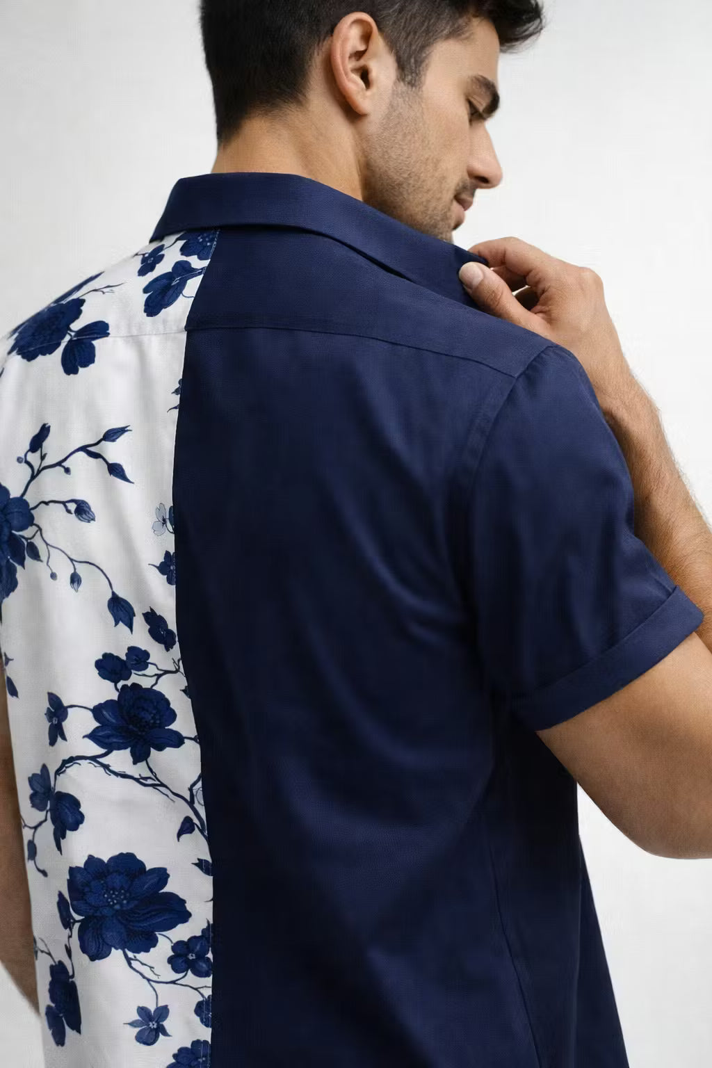 Dual Panel Floral Print Short Sleeve Button Shirt