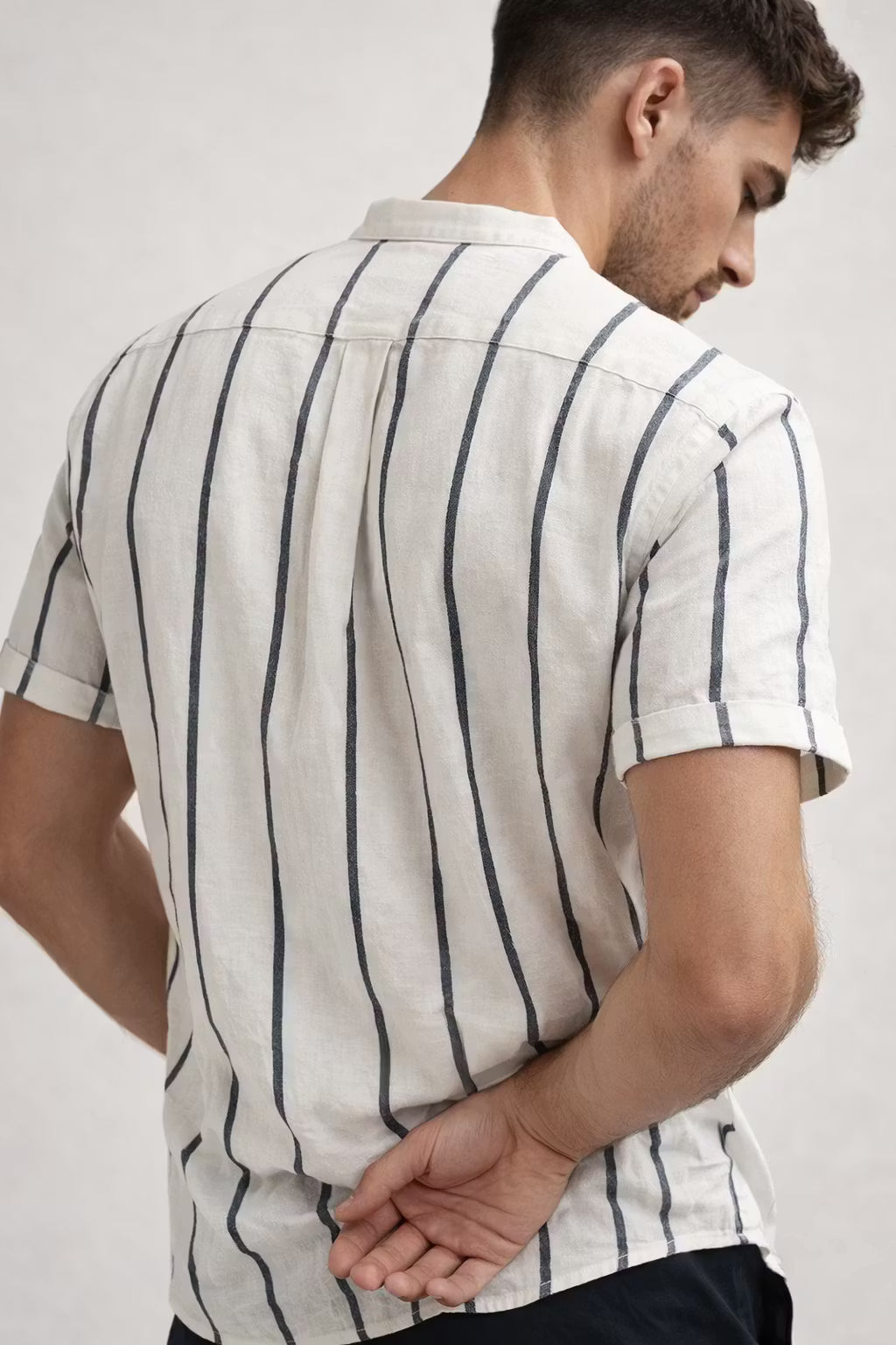 Vertical Stripe Stand Collar Short Sleeve Shirt - Set Option