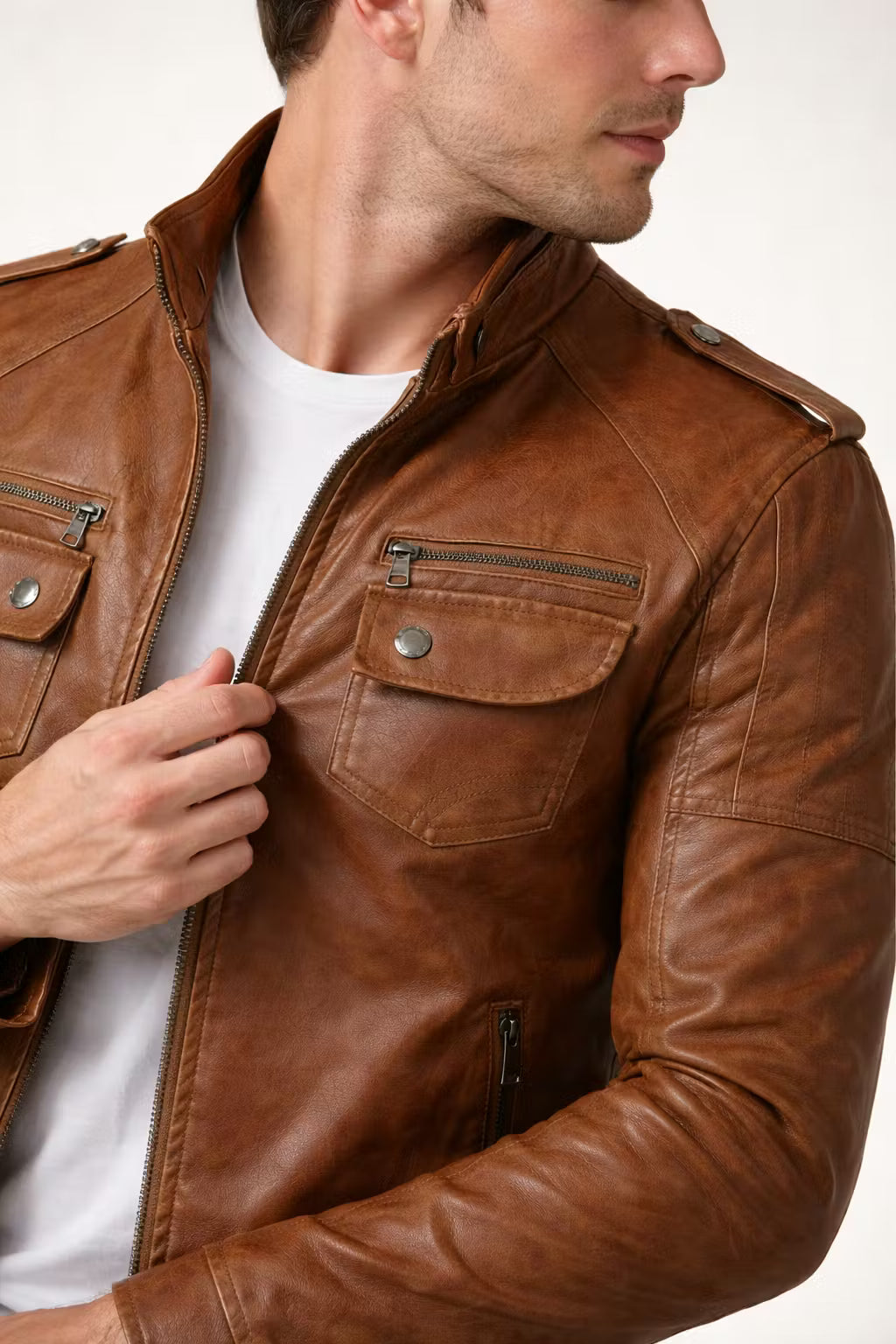 Men’s Brown Coated Textile Field Zip Jacket with Multi Pocket Design