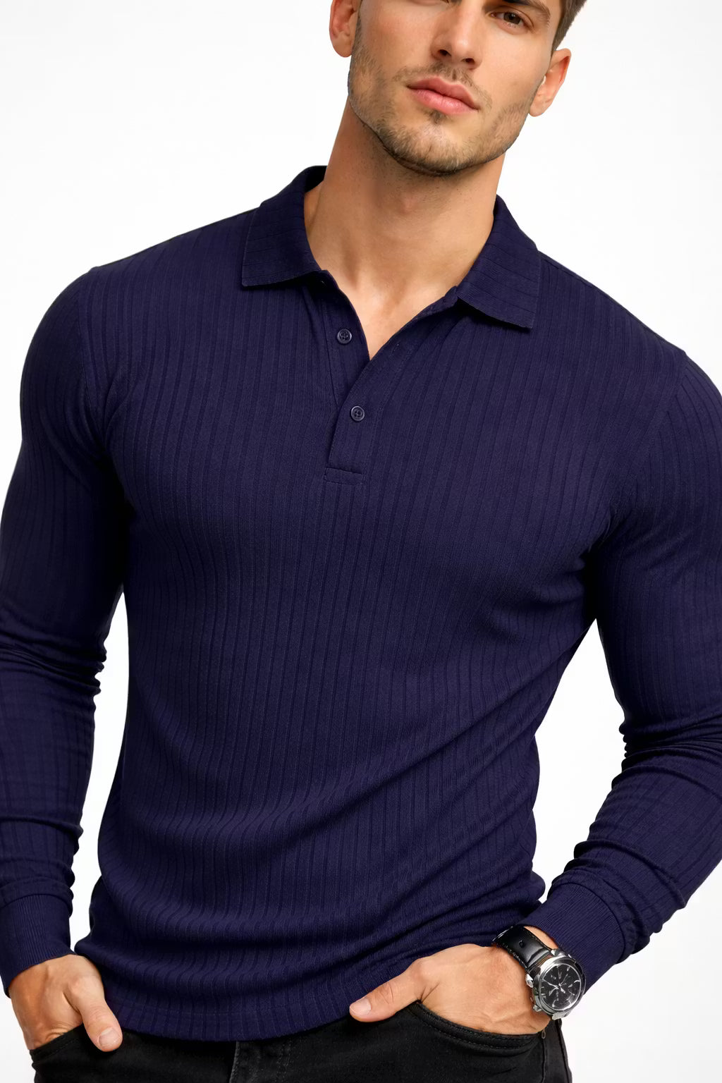 Ribbed Knit Long Sleeve Polo Shirt