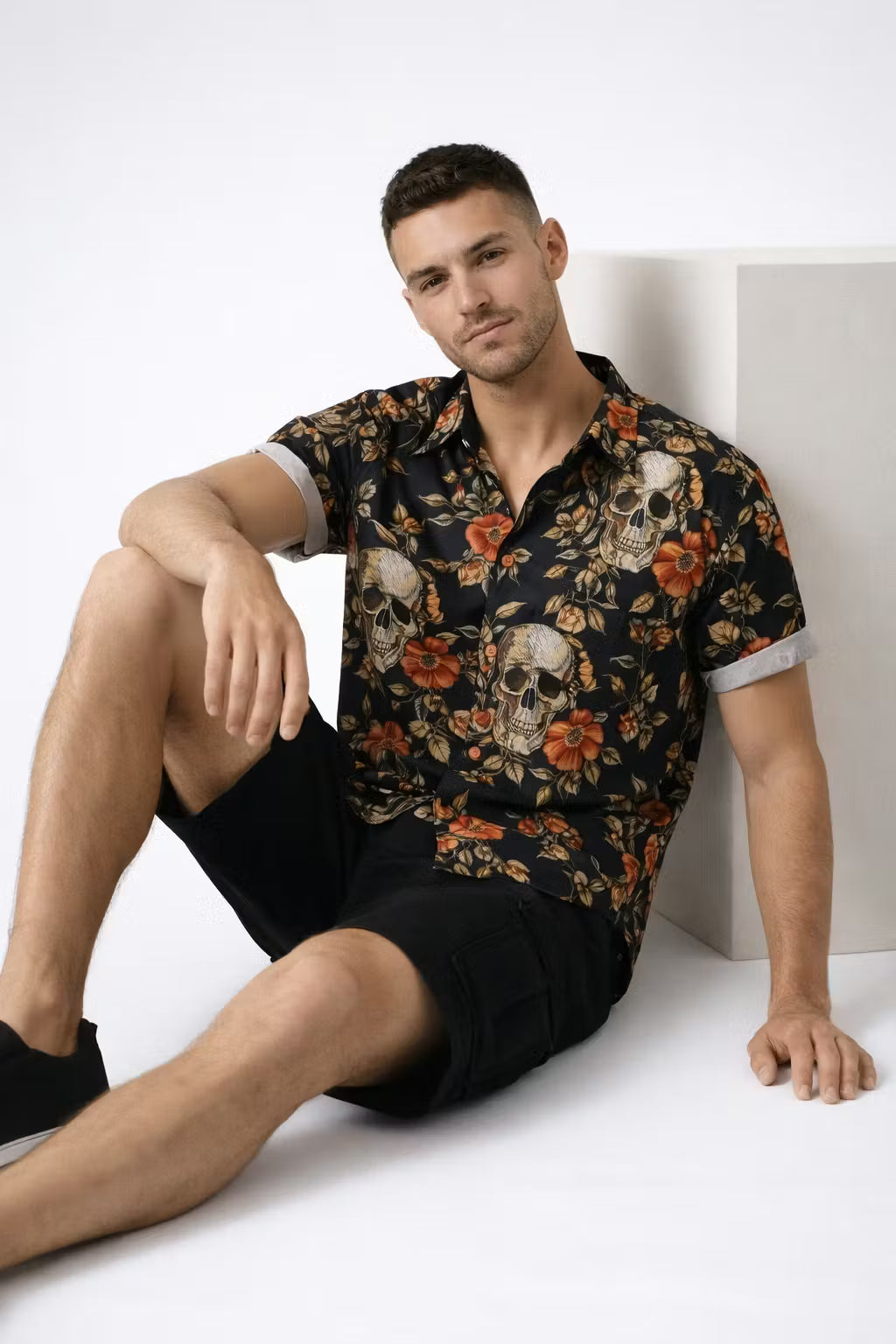 Floral Skull Print Short Sleeve Button Shirt