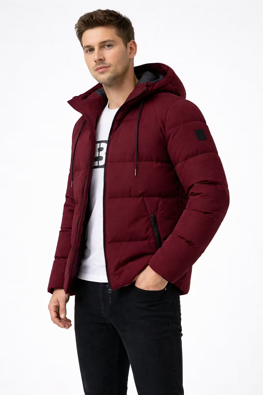 Men’s Hooded Quilted Jacket With Padded Panels