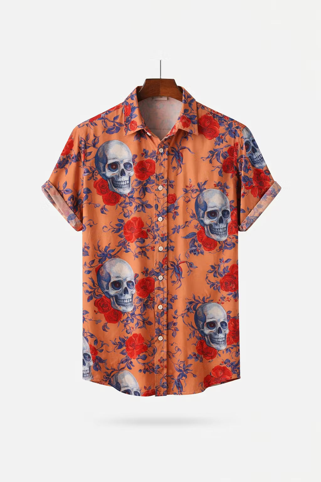 Floral Skull Print Short Sleeve Button Shirt