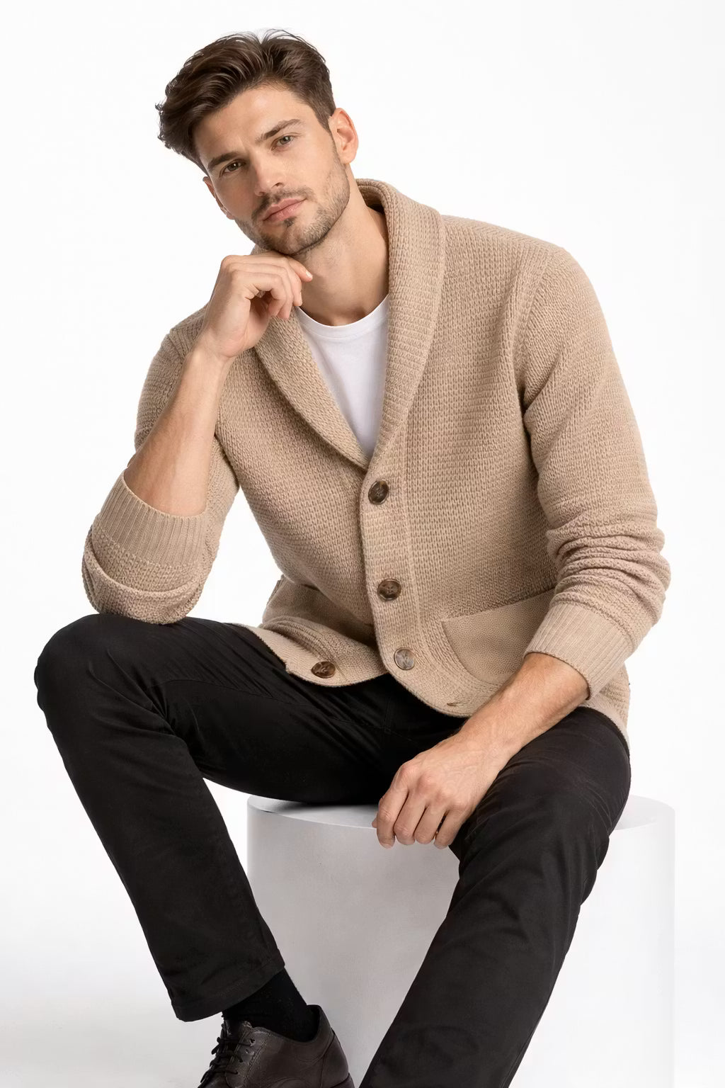 Waffle Knit 5-Button Cardigan