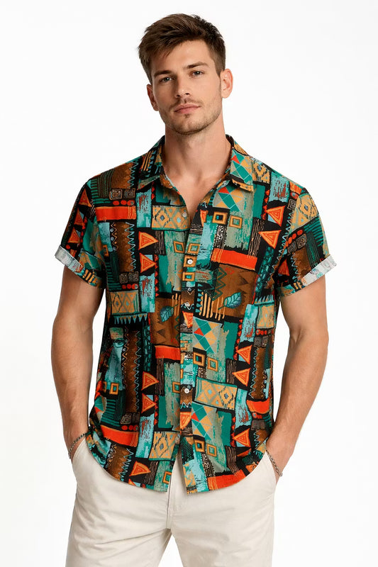 Overhemd met knopen en korte mouwen, geometrische tribal-print