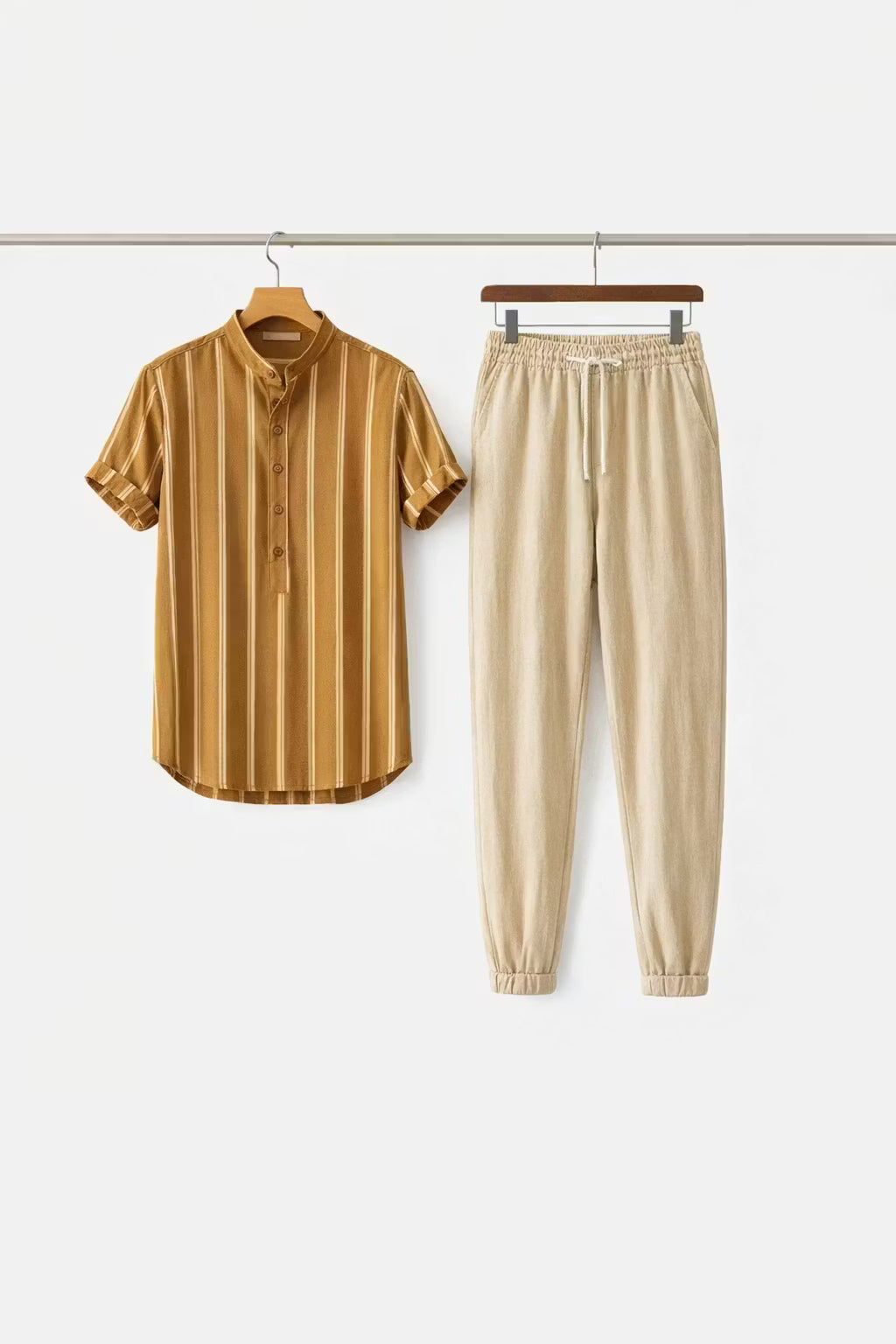 Vertical Stripe Stand Collar Short Sleeve Shirt - Set Option