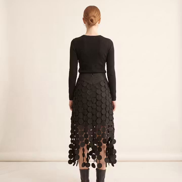 Celeste midi-rok met schijfvormige franjes