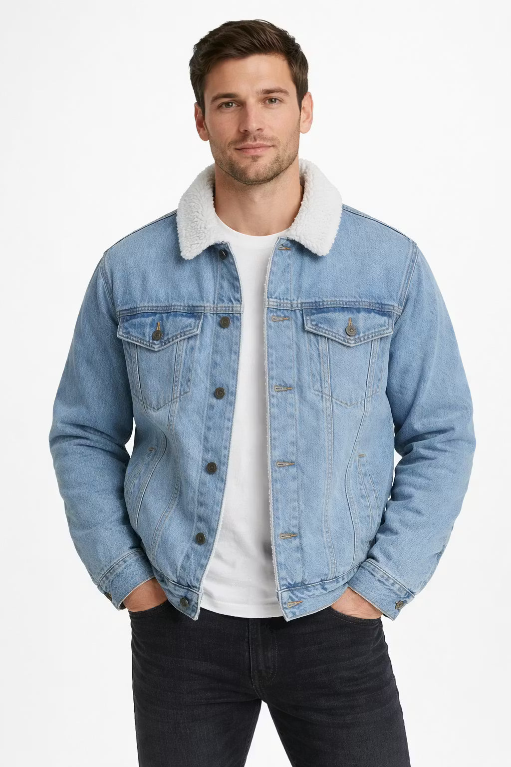 Men’s Lamb Wool Collar Blue Denim Jacket