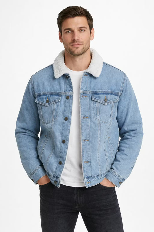 Men’s Lamb Wool Collar Blue Denim Jacket