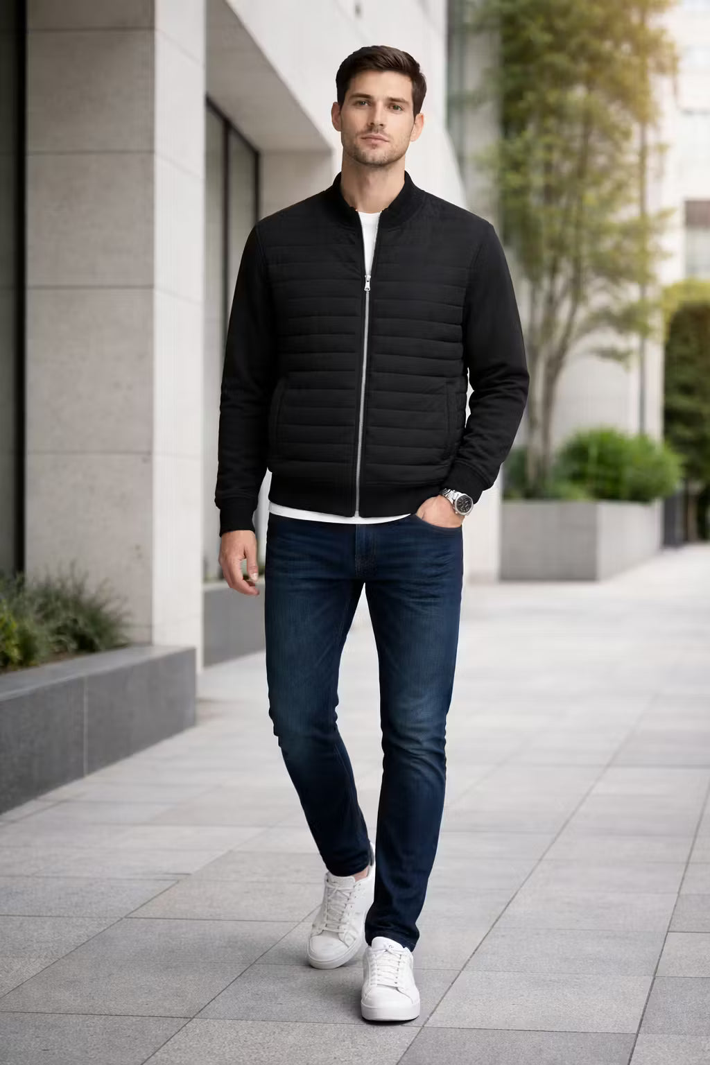 Quilted Stand Collar Zip Jacket with Standard Sleeves