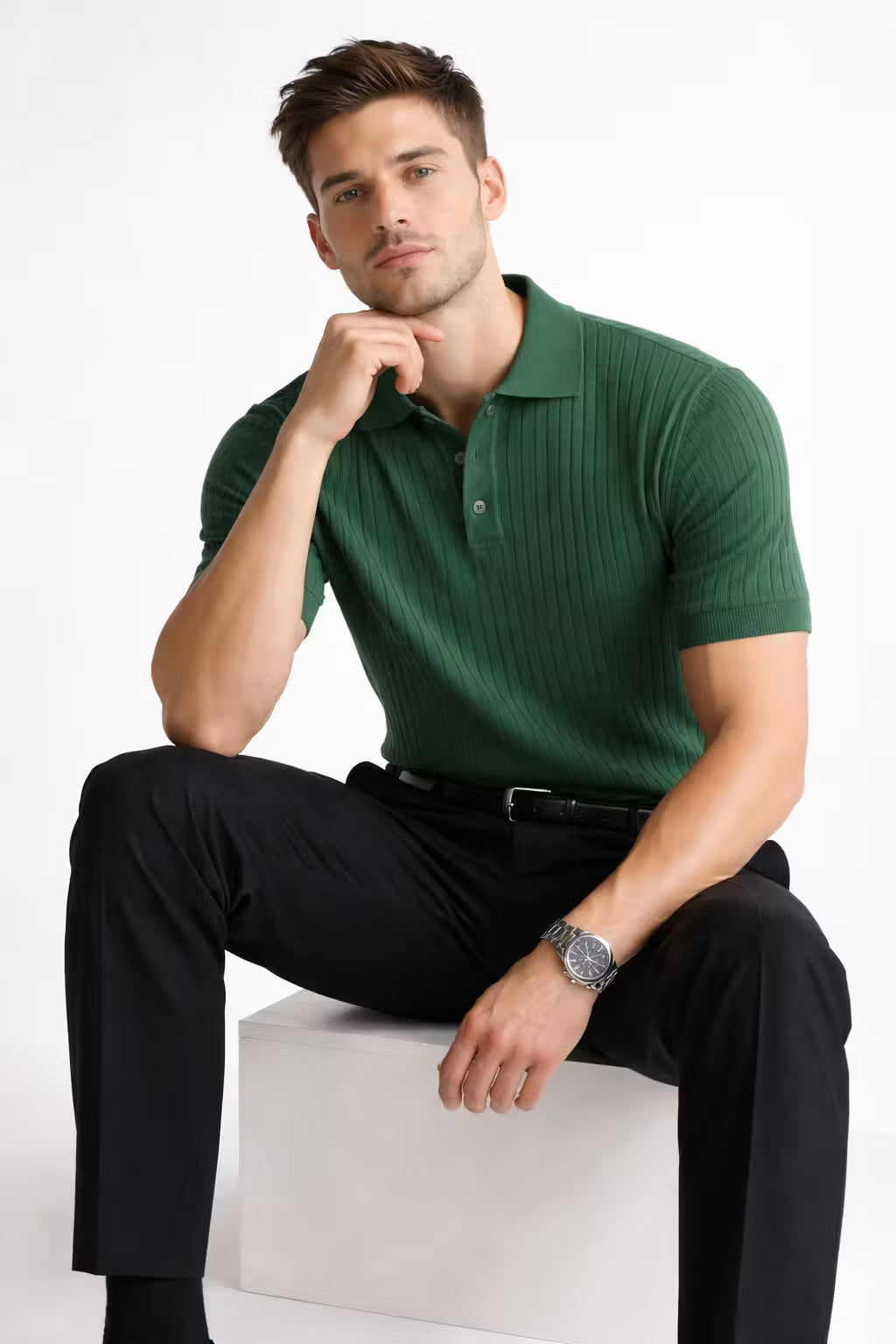 Ribbed Knit Short Sleeve Polo Shirt