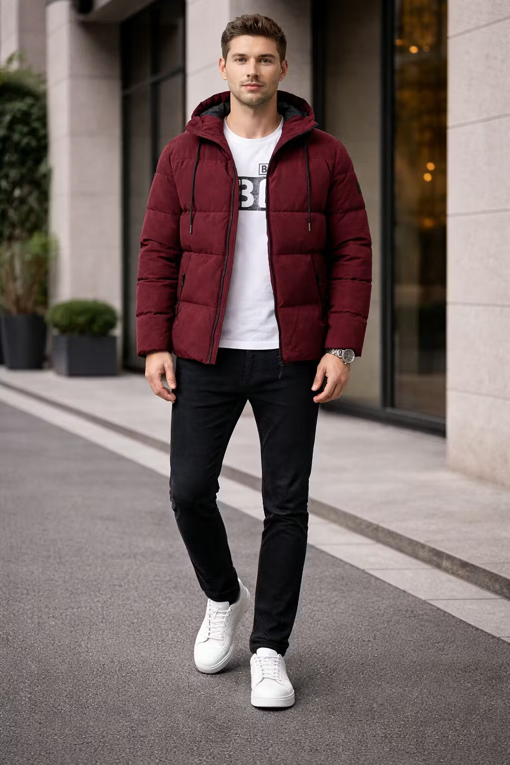 Men’s Hooded Quilted Jacket With Padded Panels