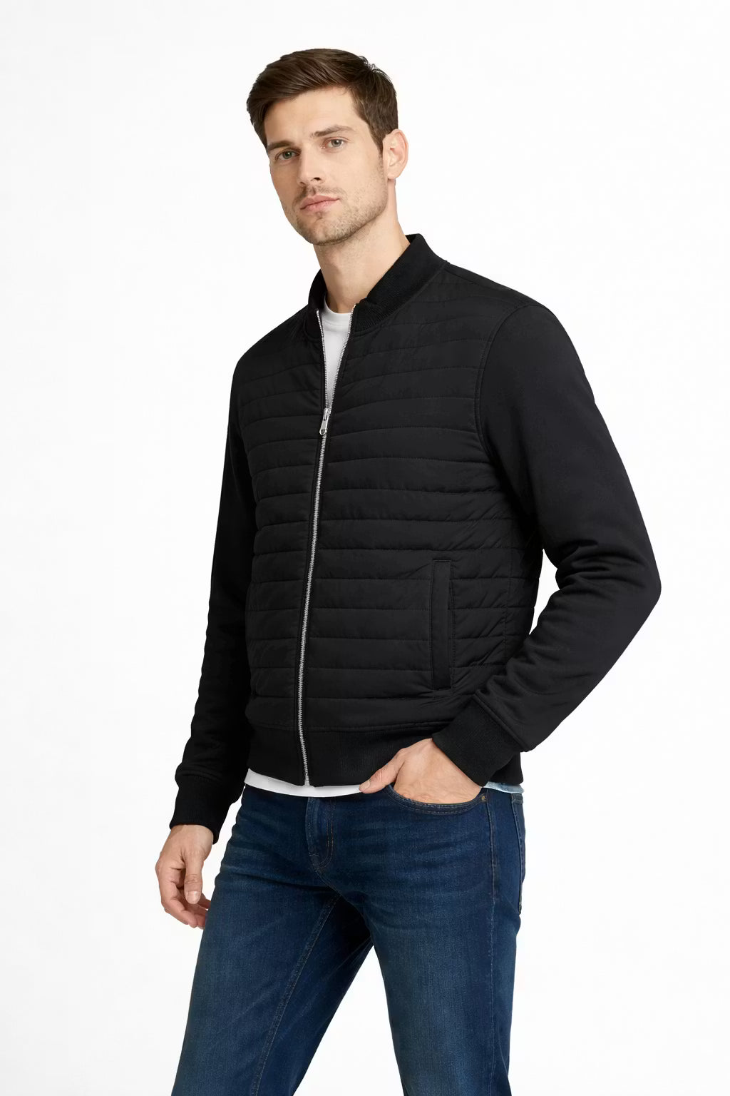 Quilted Stand Collar Zip Jacket with Standard Sleeves