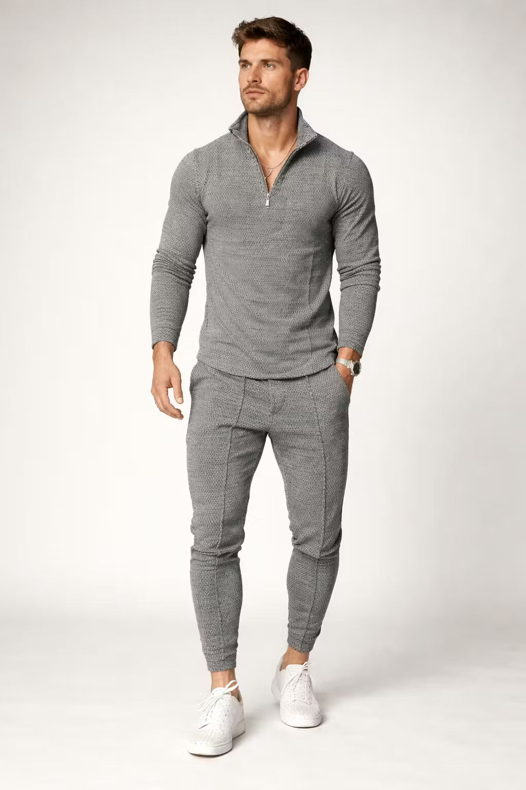 Textured Zip Collar Top and Tapered Trousers Set