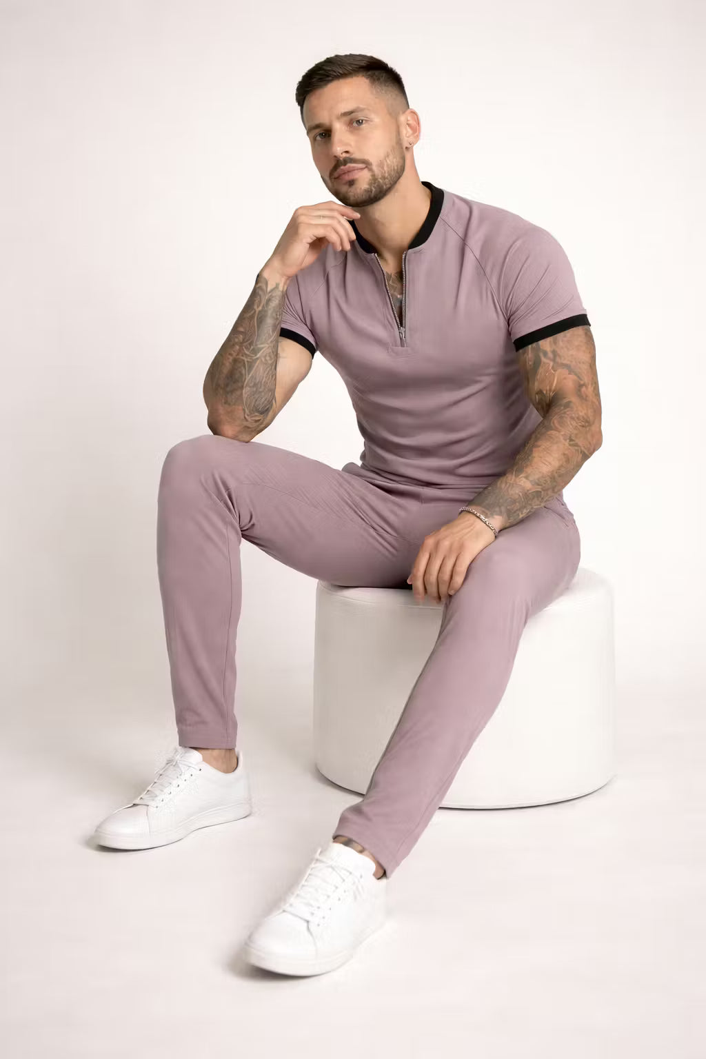 Zip Collar Short Sleeve Top and Slim Trousers Set