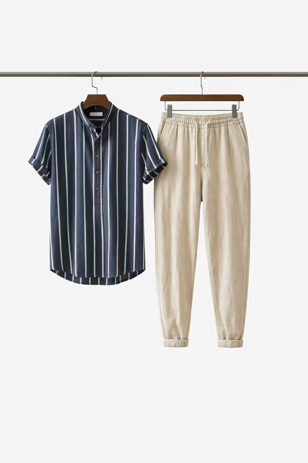 Vertical Stripe Stand Collar Short Sleeve Shirt - Set Option