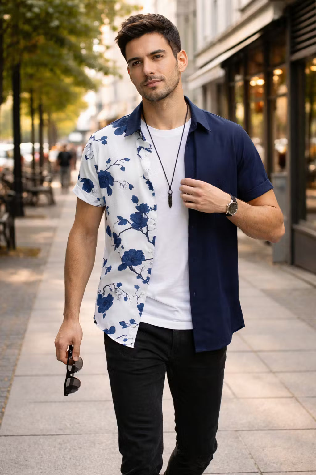 Dual Panel Floral Print Short Sleeve Button Shirt