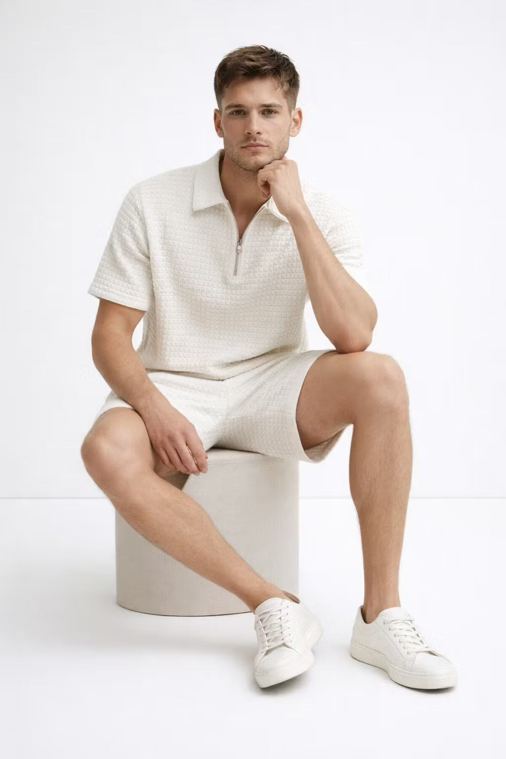 Grid Knit Cotton Monochromatic Short Set
