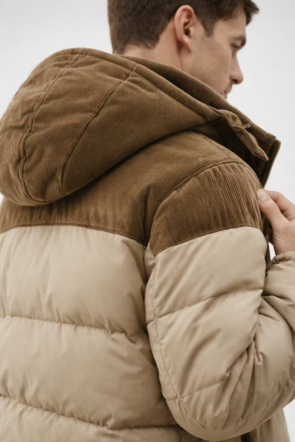 Corduroy Panel Cotton Filled Hooded Puffer Jacket