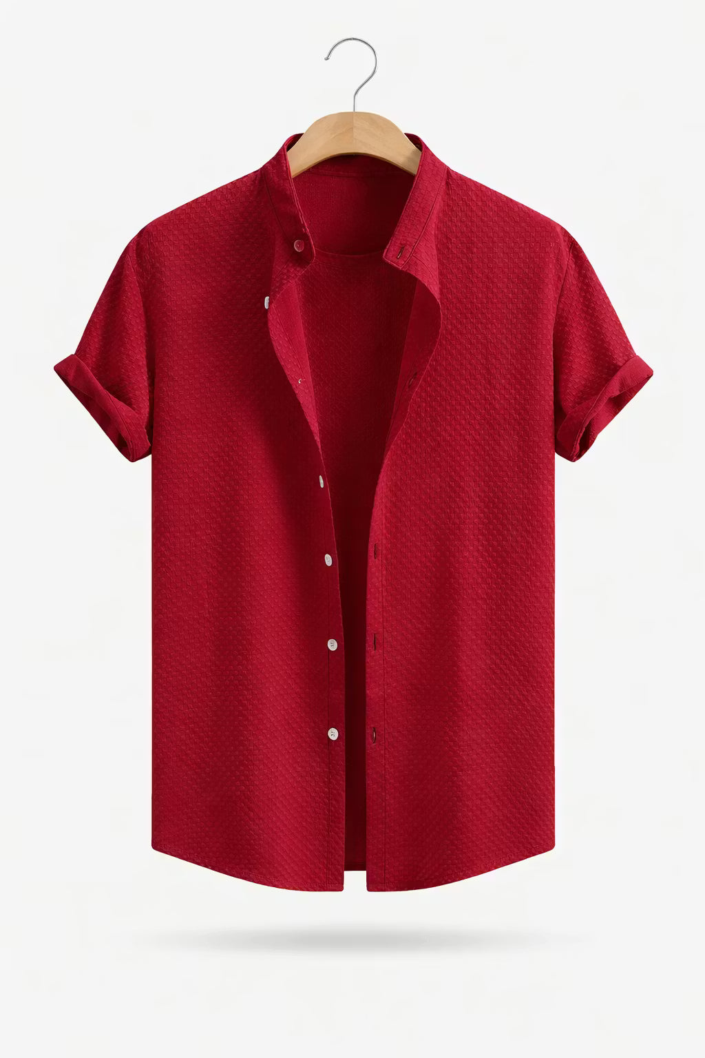 Textured Waffle Stand Collar Short Sleeve Shirt