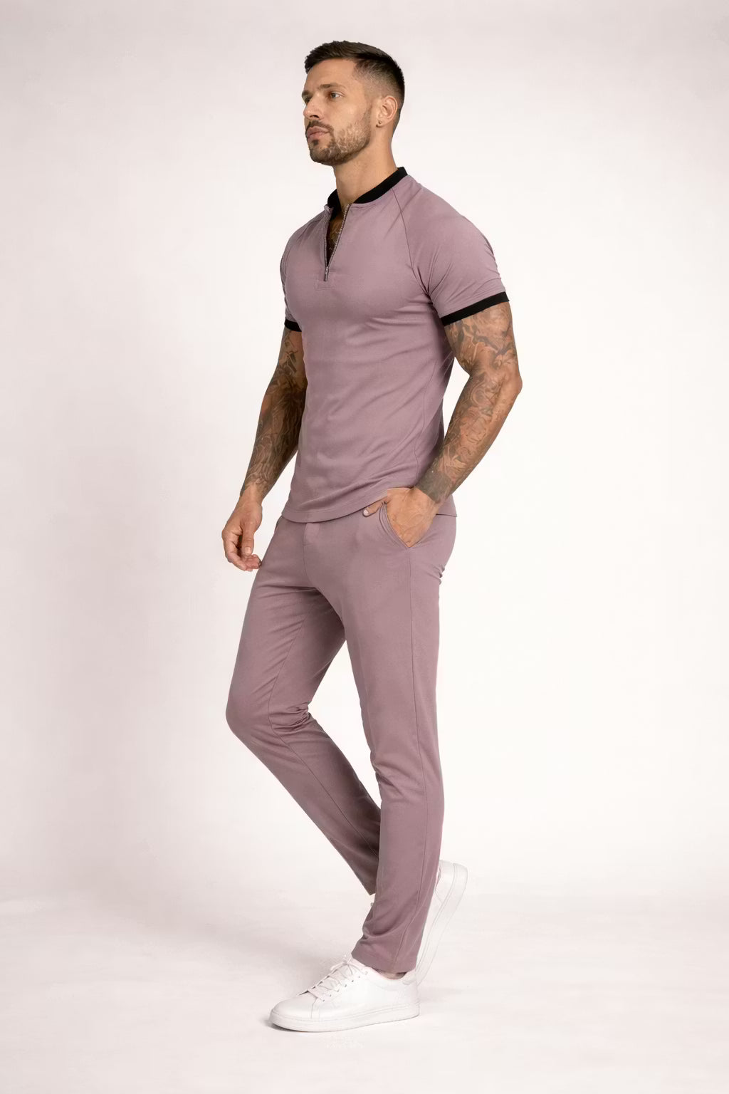 Zip Collar Short Sleeve Top and Slim Trousers Set