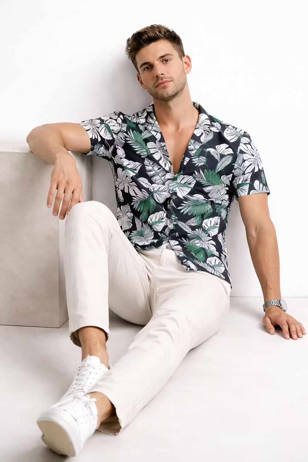 Mediterranean Palm Print Camp Collar Shirt