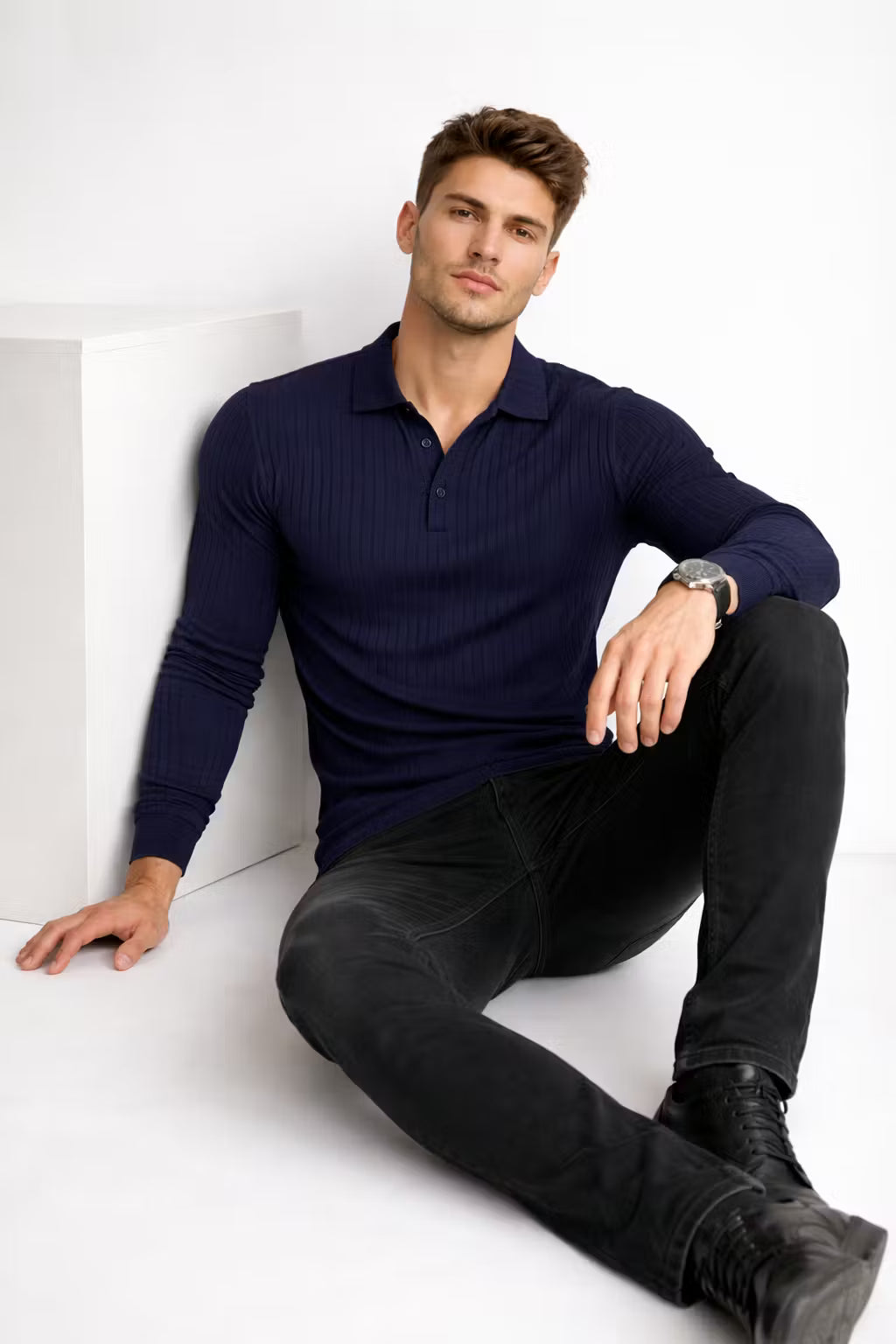 Ribbed Knit Long Sleeve Polo Shirt