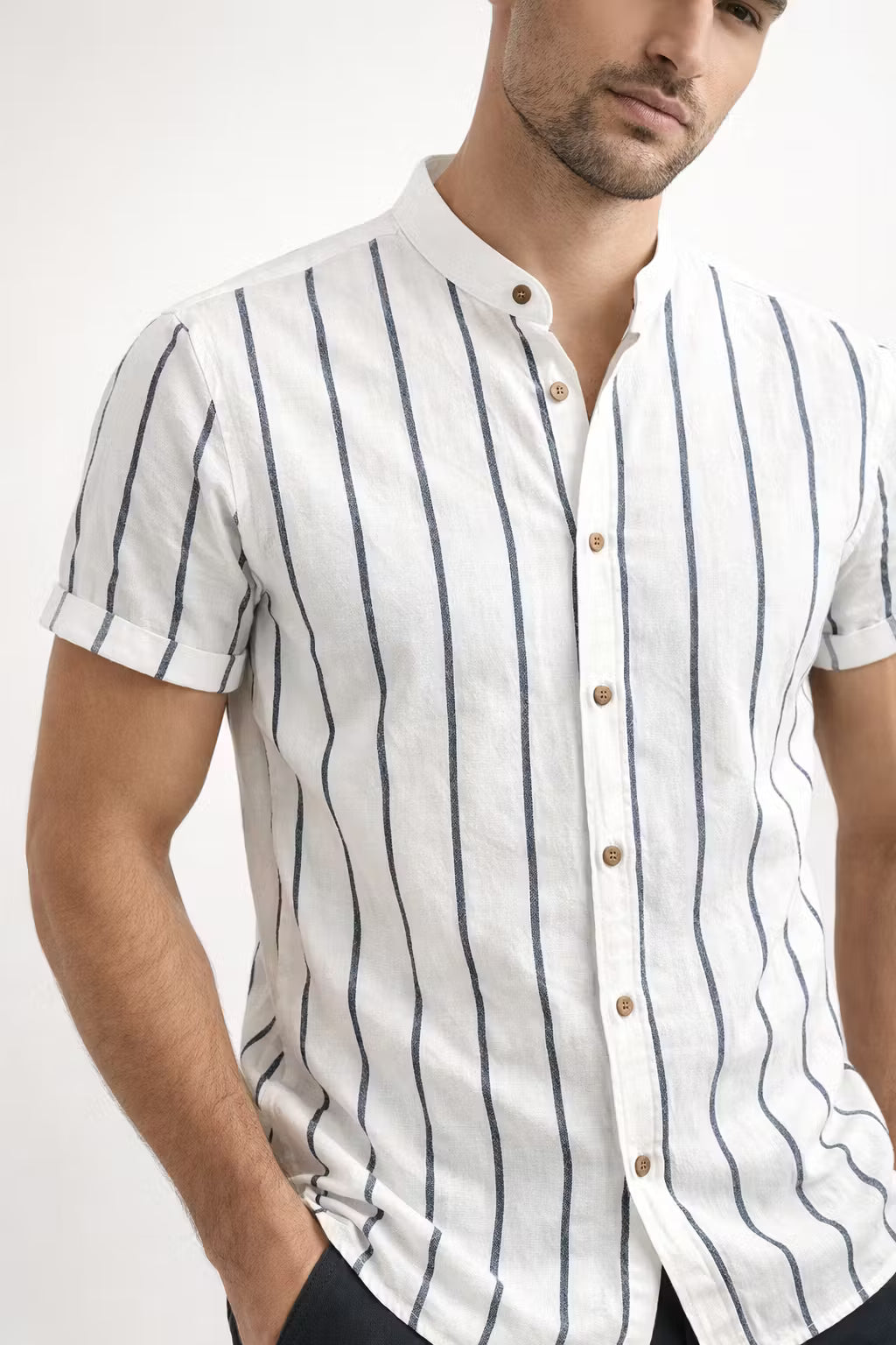 Vertical Stripe Stand Collar Short Sleeve Shirt - Set Option