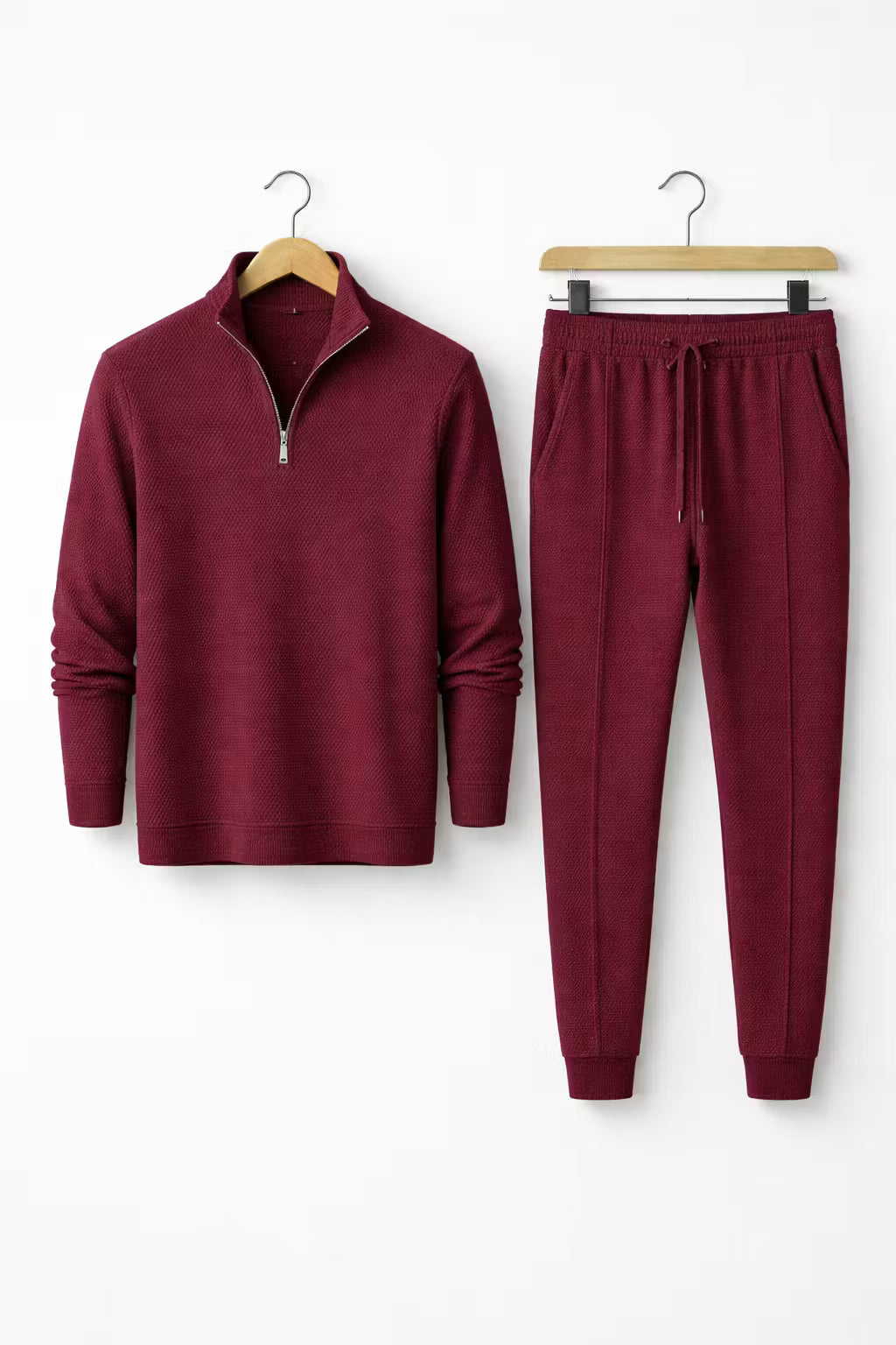 Textured Zip Collar Top and Tapered Trousers Set