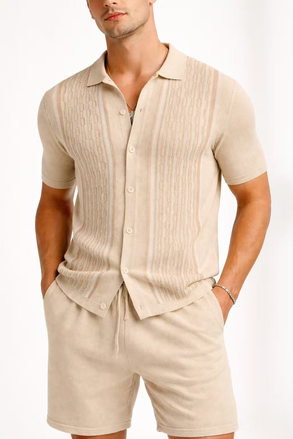 Vertical Stripe Textured Knit Button Shirt
