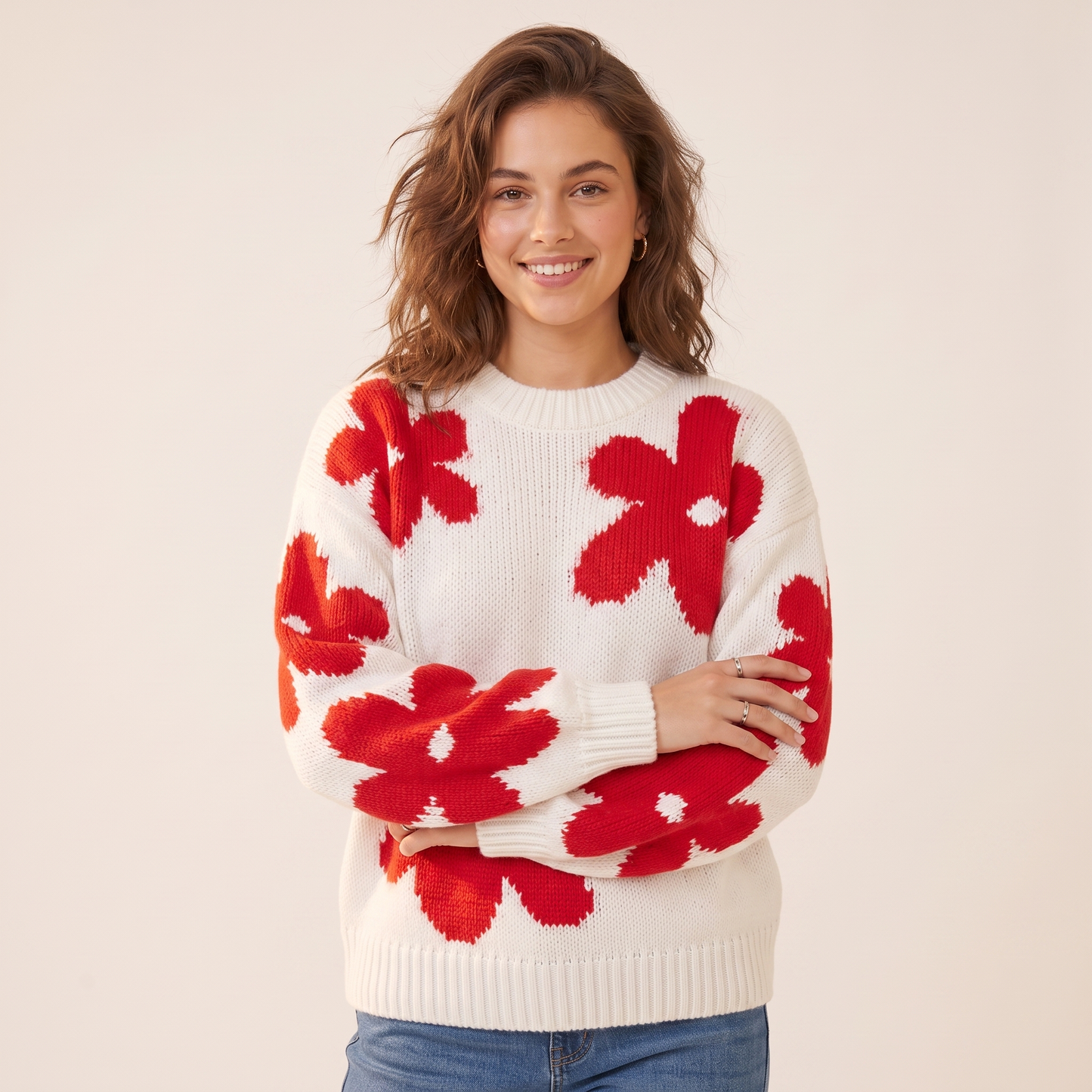 Fiora gebreide pullover met rode bloemen