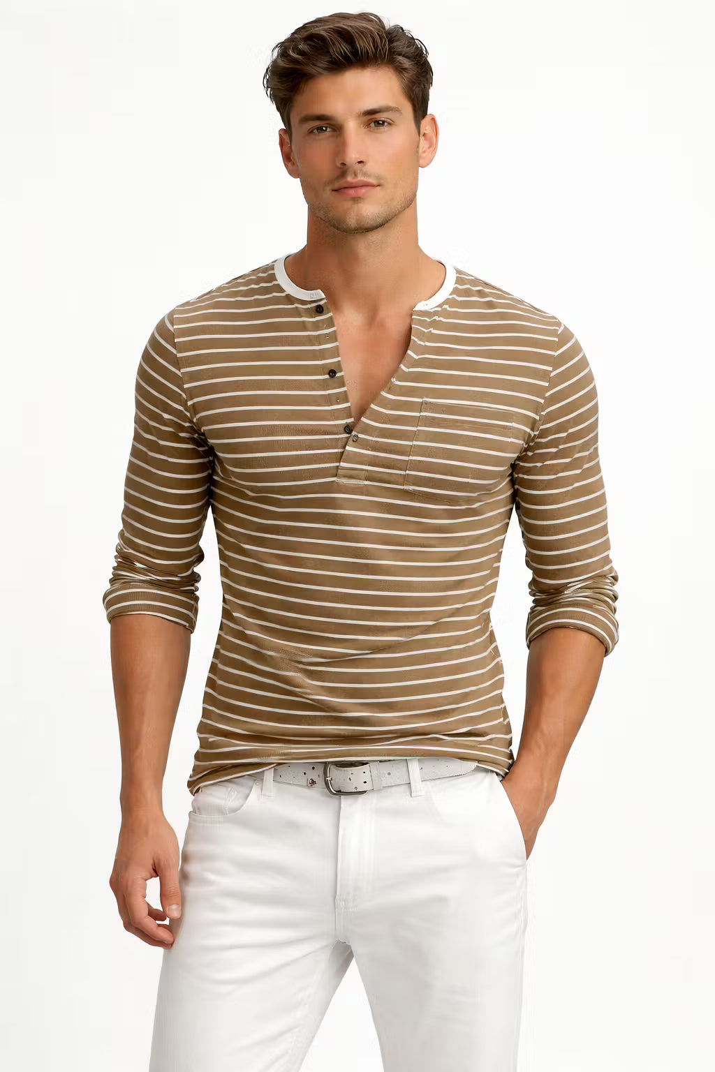 Striped Button Henley Long Sleeve Shirt