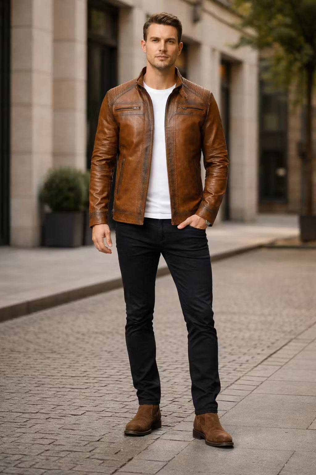 Men’s Brown Coated Textile Zip Jacket with Structured Seam Detailing High Collar