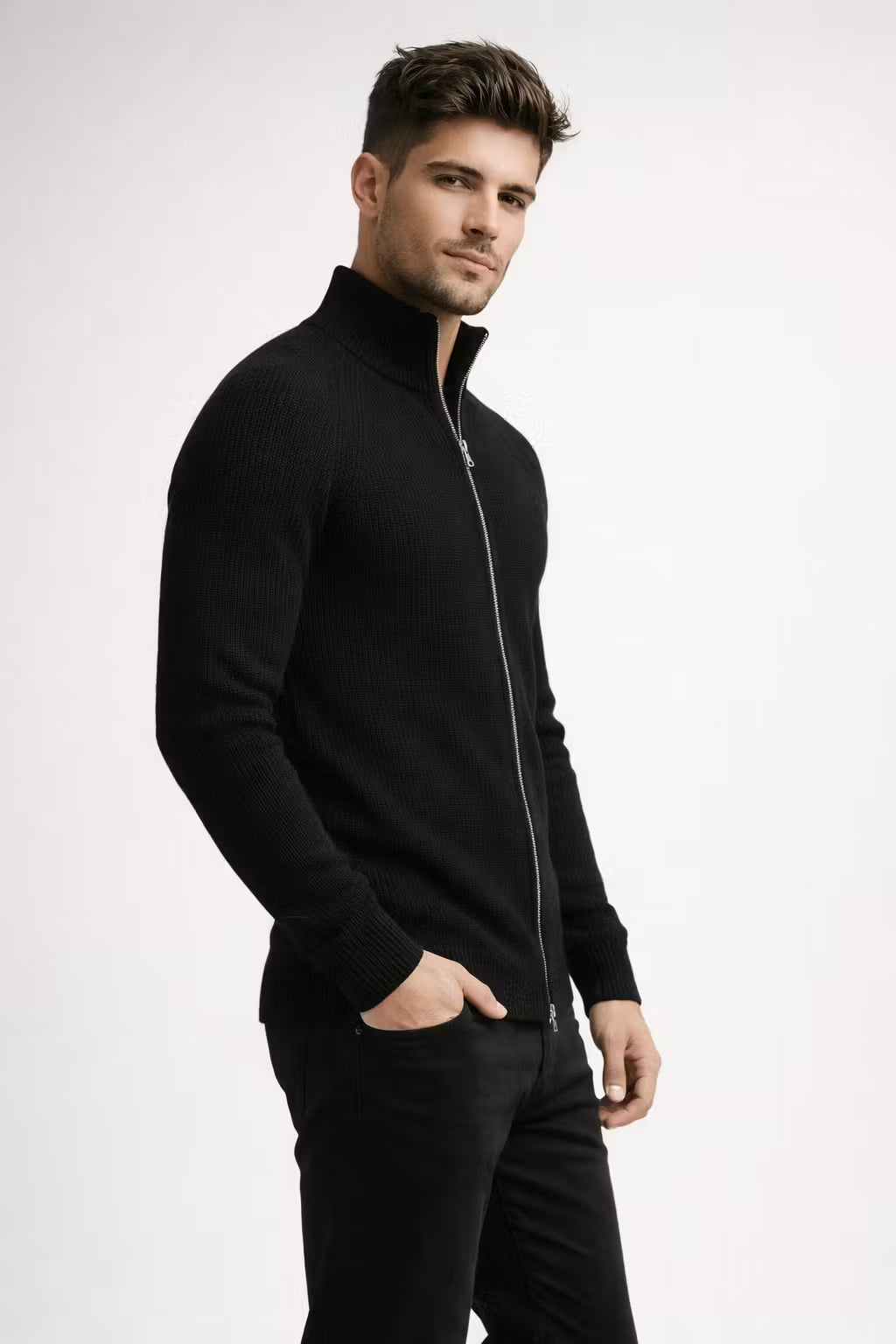 Ribbed Knit Zip-Up Cardigan